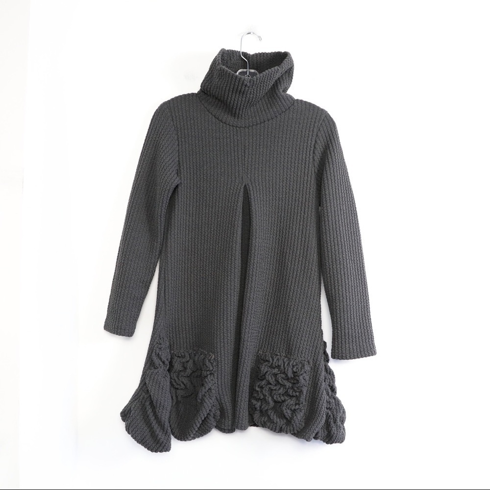 Handmade tunic dress unique lagen look ruffle gray pleated knit stretch warm